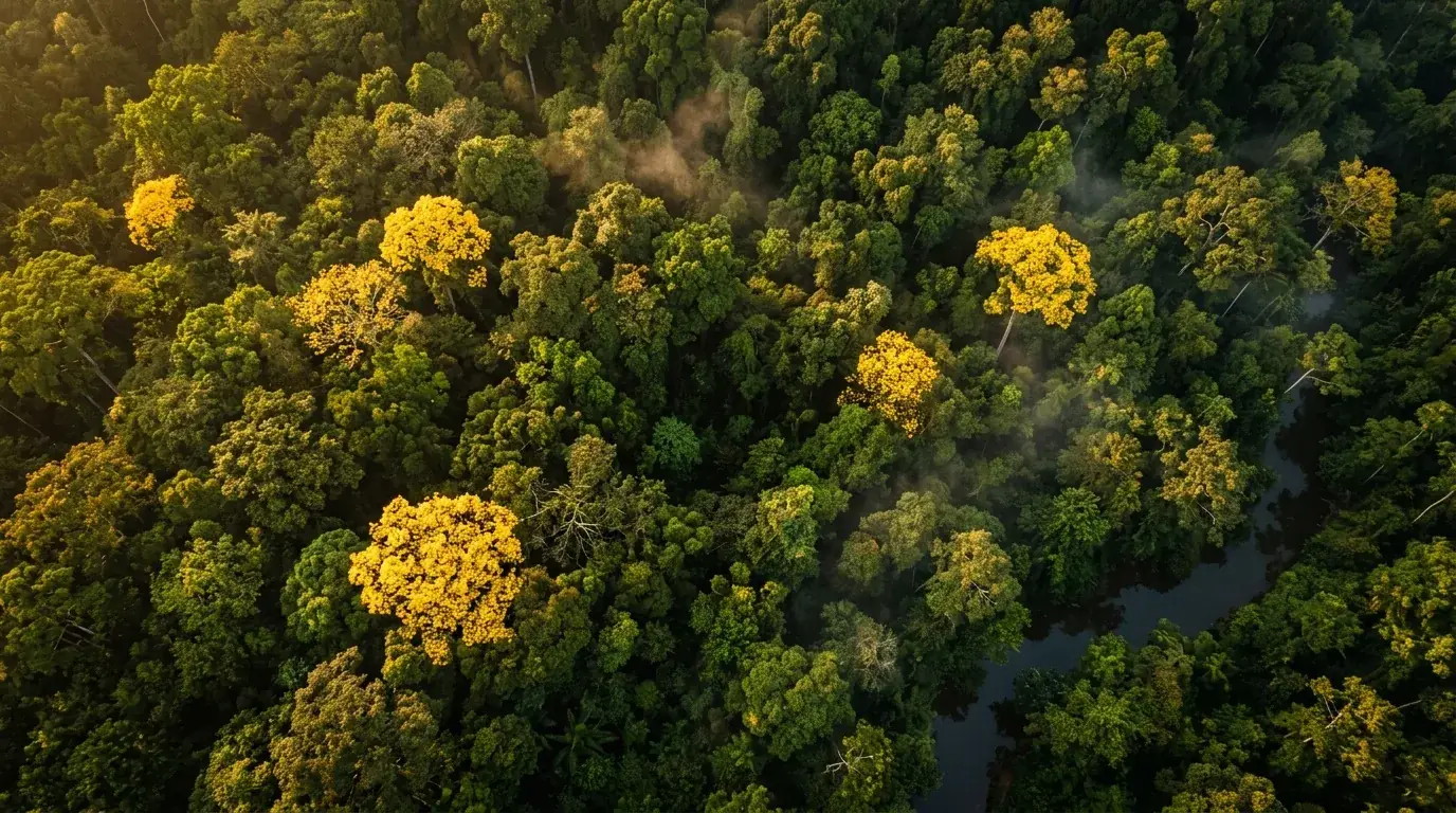 Selva tropical de Panamá vista desde el aire, con guayacanes en flor